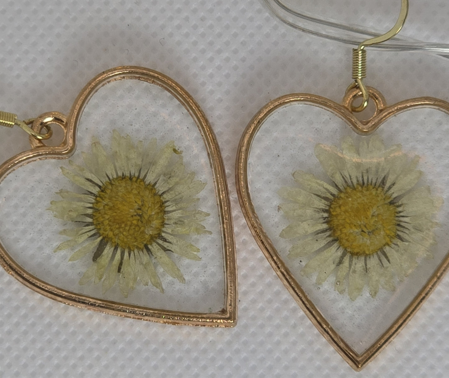 Earrings - Acrylic resin heart-shaped gold frames with clear resin encasing real daisies.