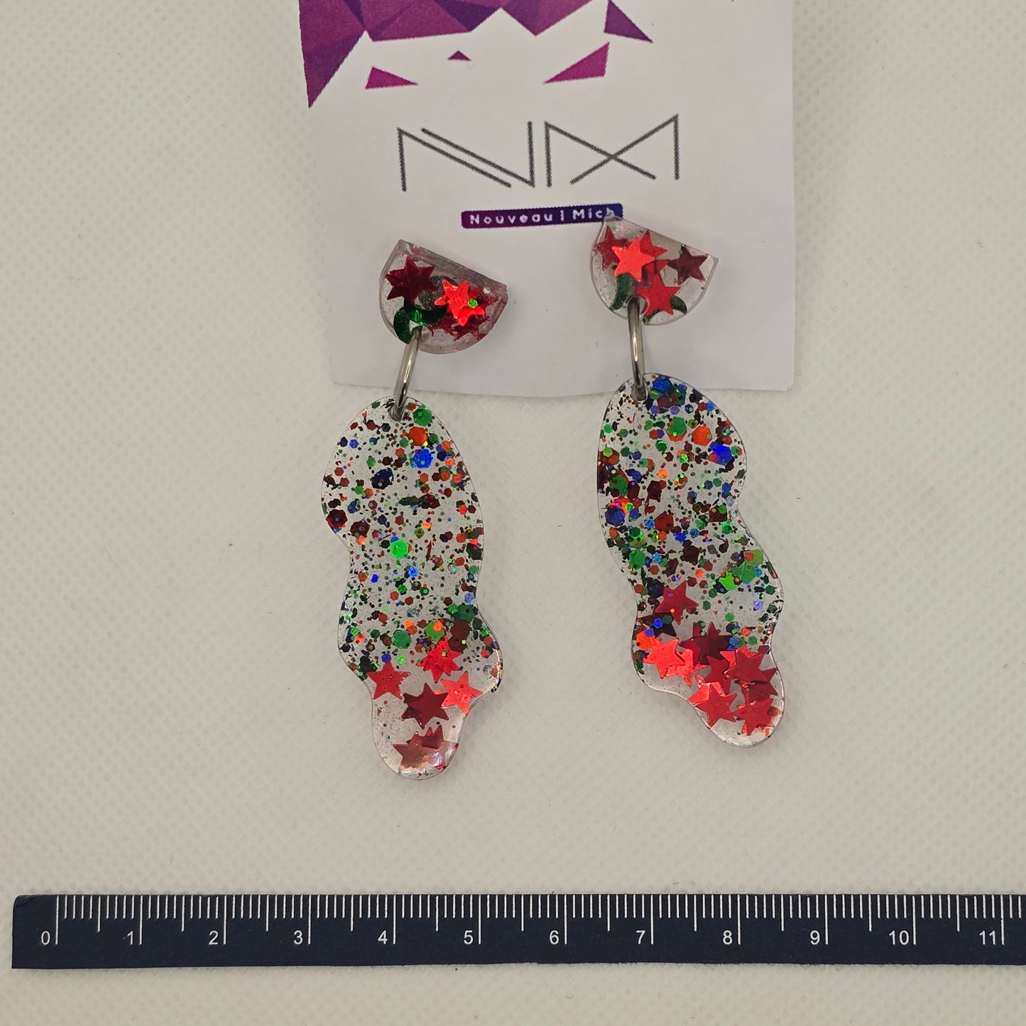 Earrings - Resin, sparkly red, gold, green dangles with metallic stars and glitter accents
