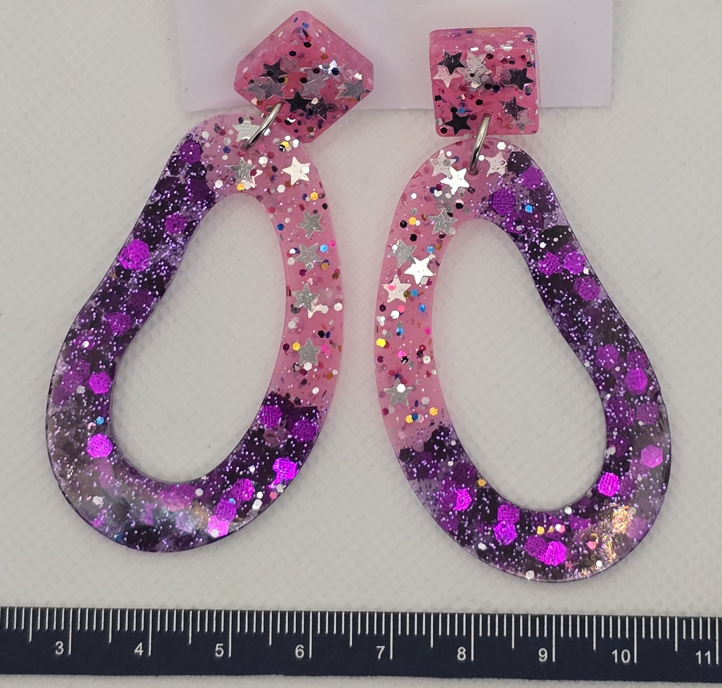 Earrings - Acrylic resin, sparkly pink and purple irregular oval shaped dangles