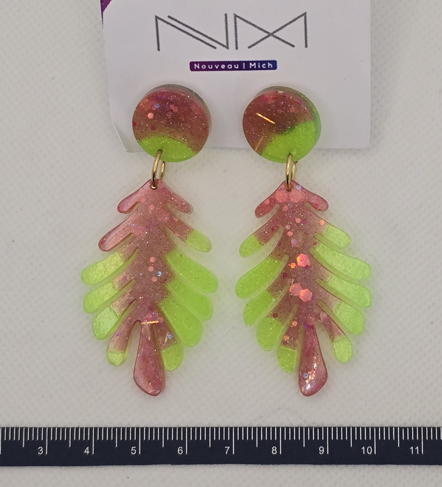 earrings, resin - monstera pink and green