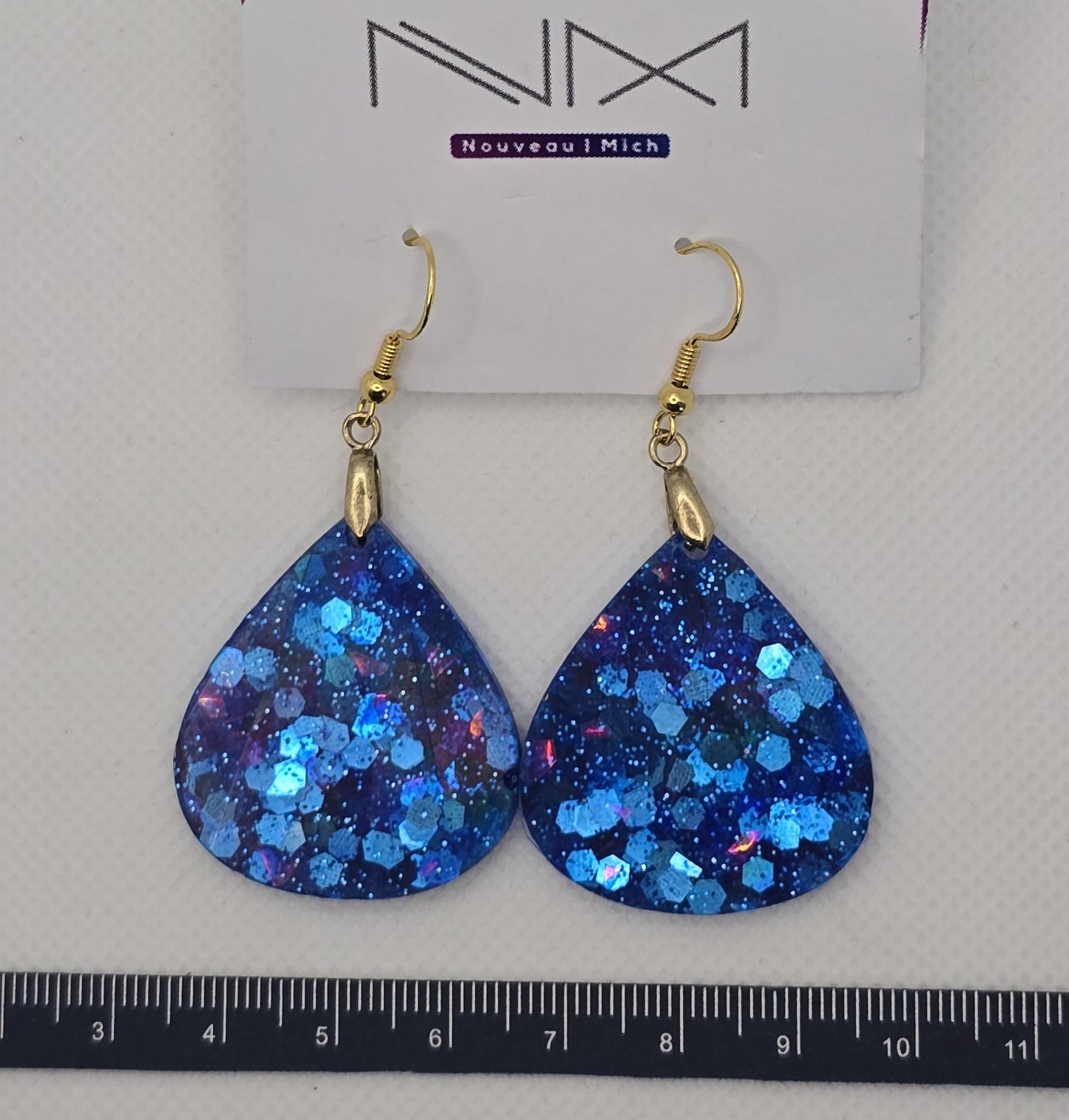 Earrings, resin - glitter blue teardrops