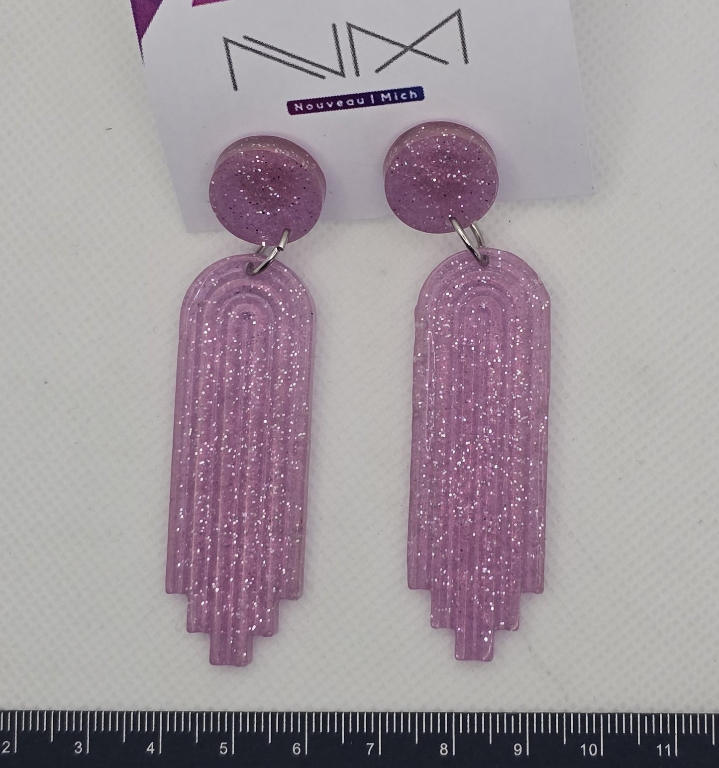 Earrings, resin - pink glitter geometric