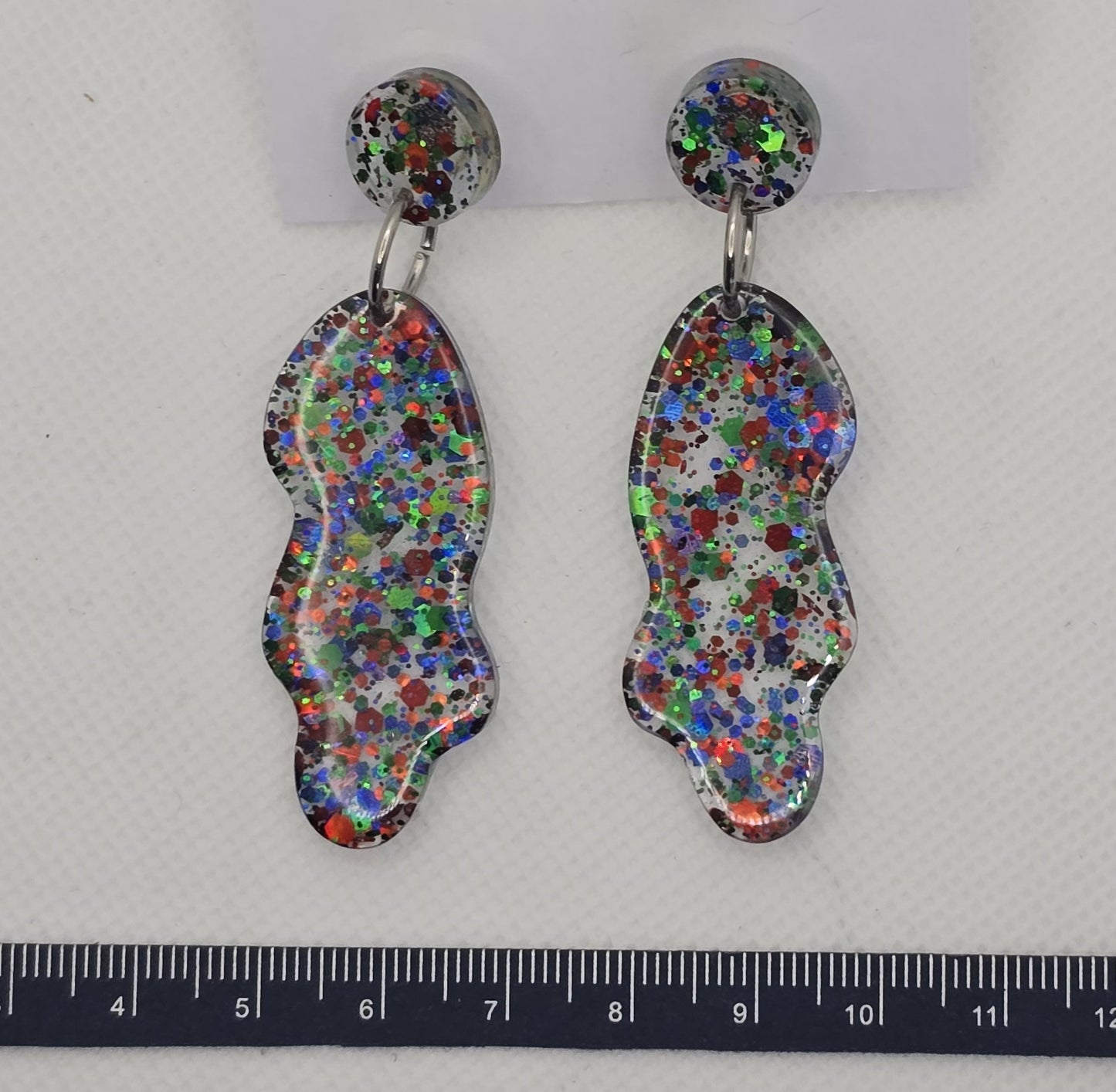Earrings, resin - red, green & blue glitter