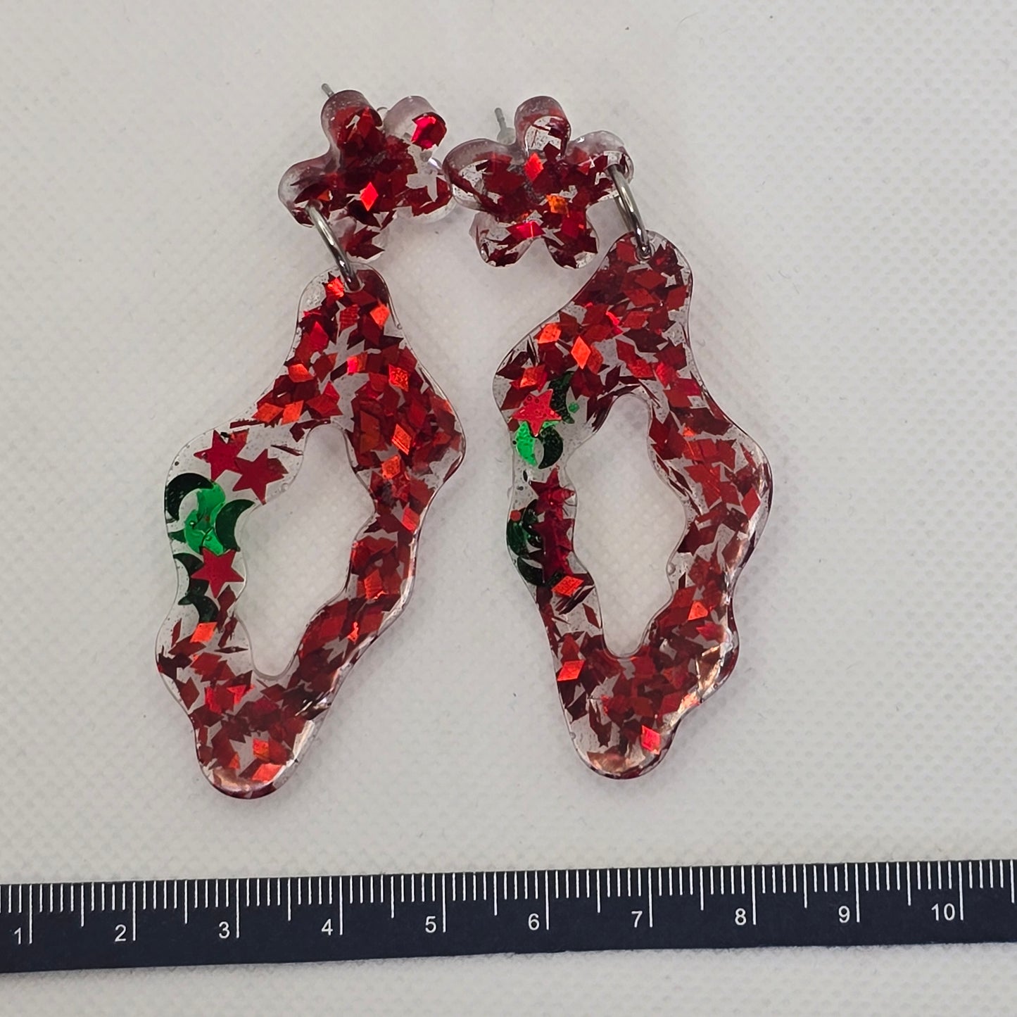 Festive red and green statement dangle resin earrings