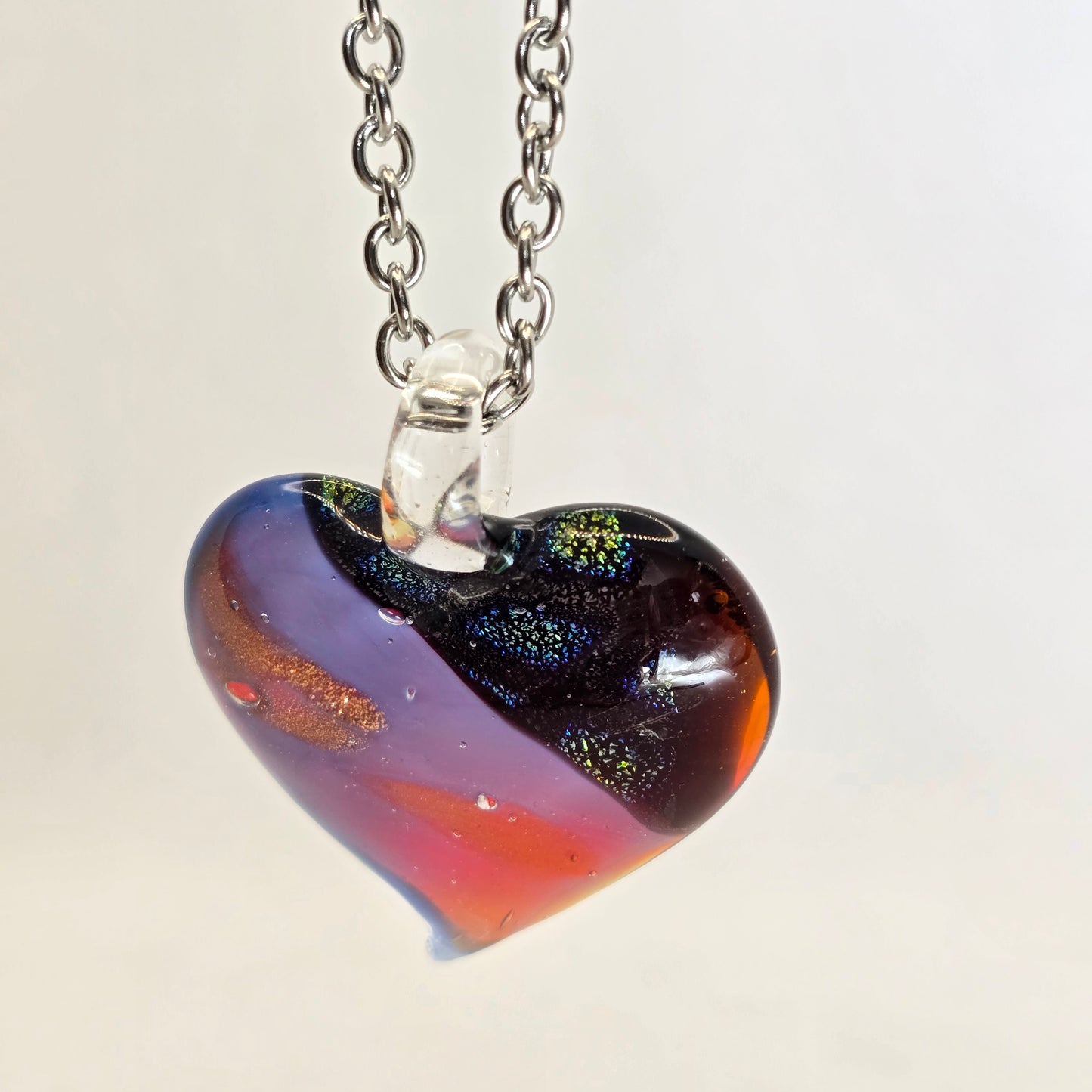 Dichroic glass pendant, heart-shaped