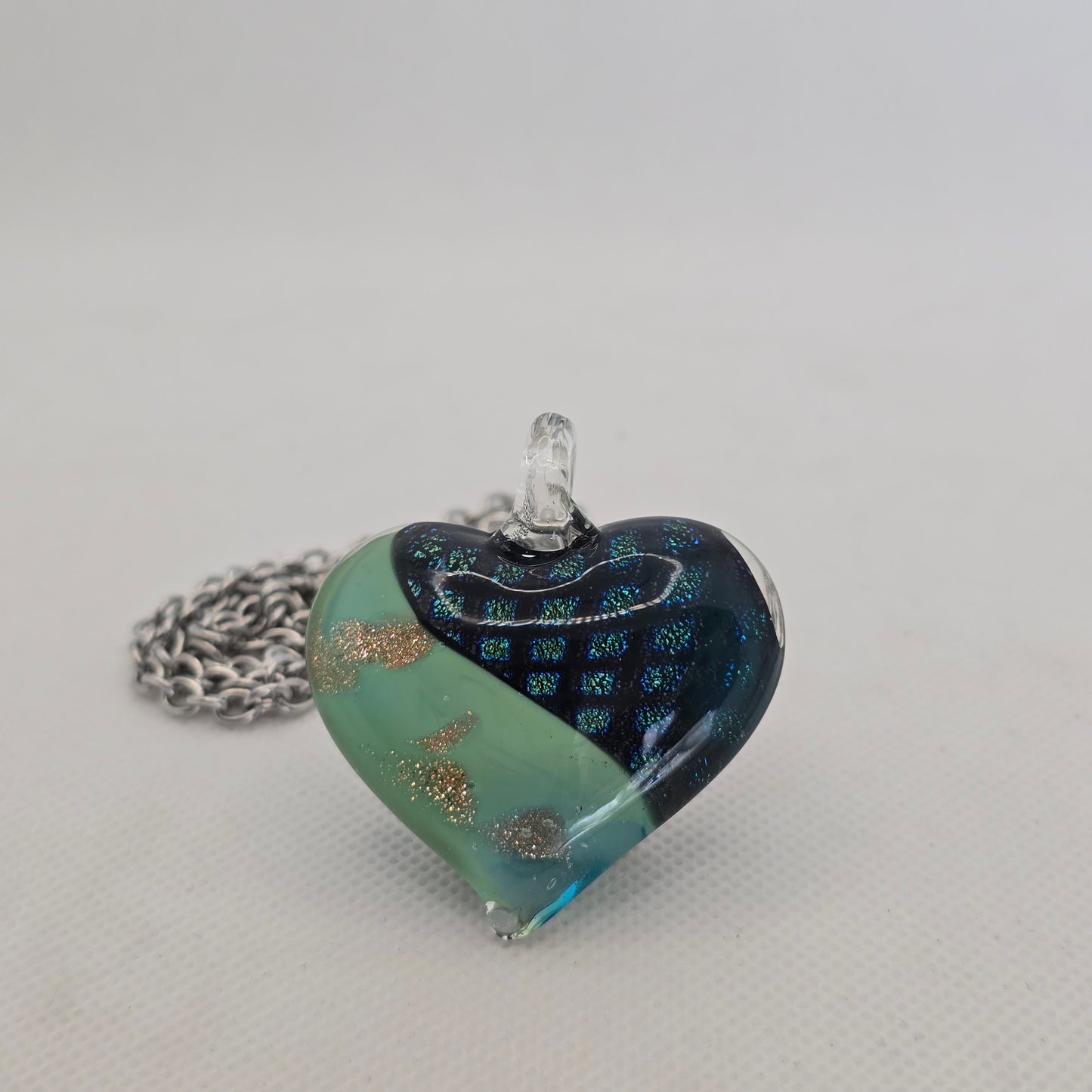 Dichroic glass pendant, heart-shaped