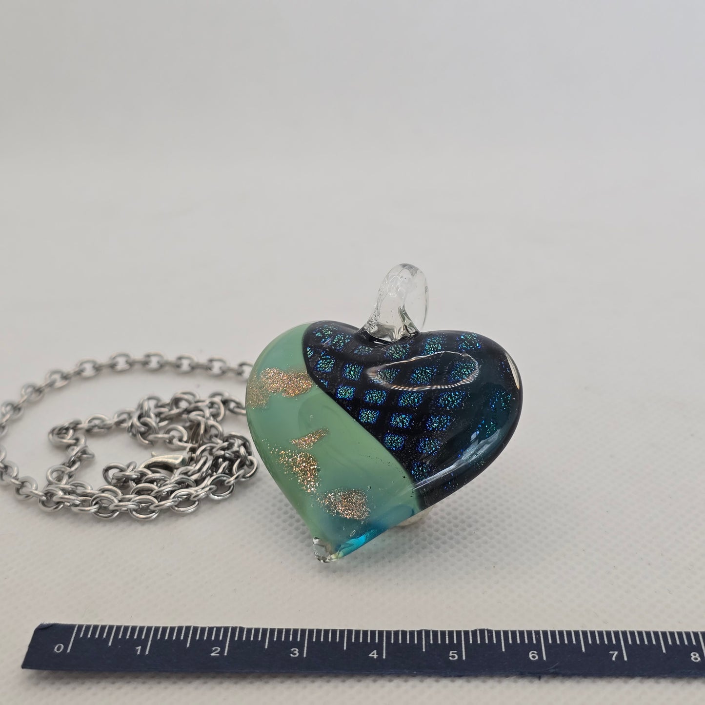 Dichroic glass pendant, heart-shaped