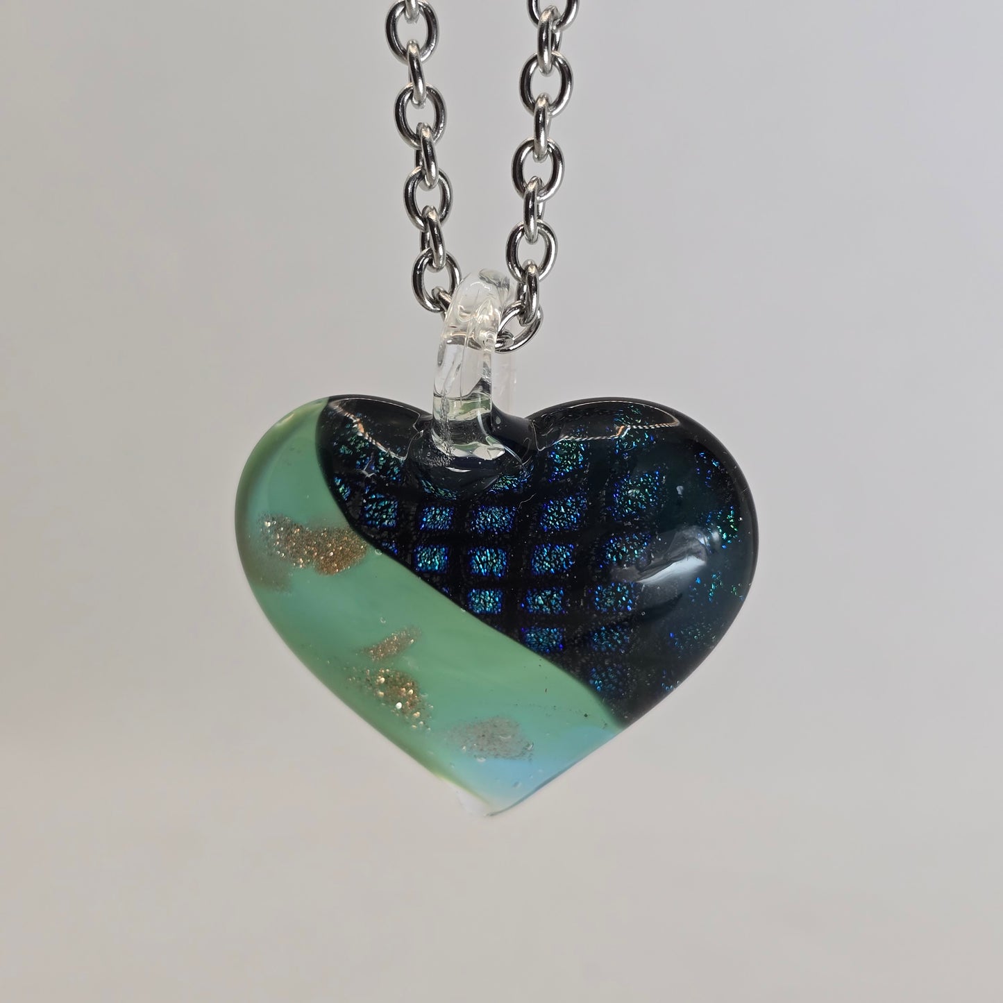 Dichroic glass pendant, heart-shaped