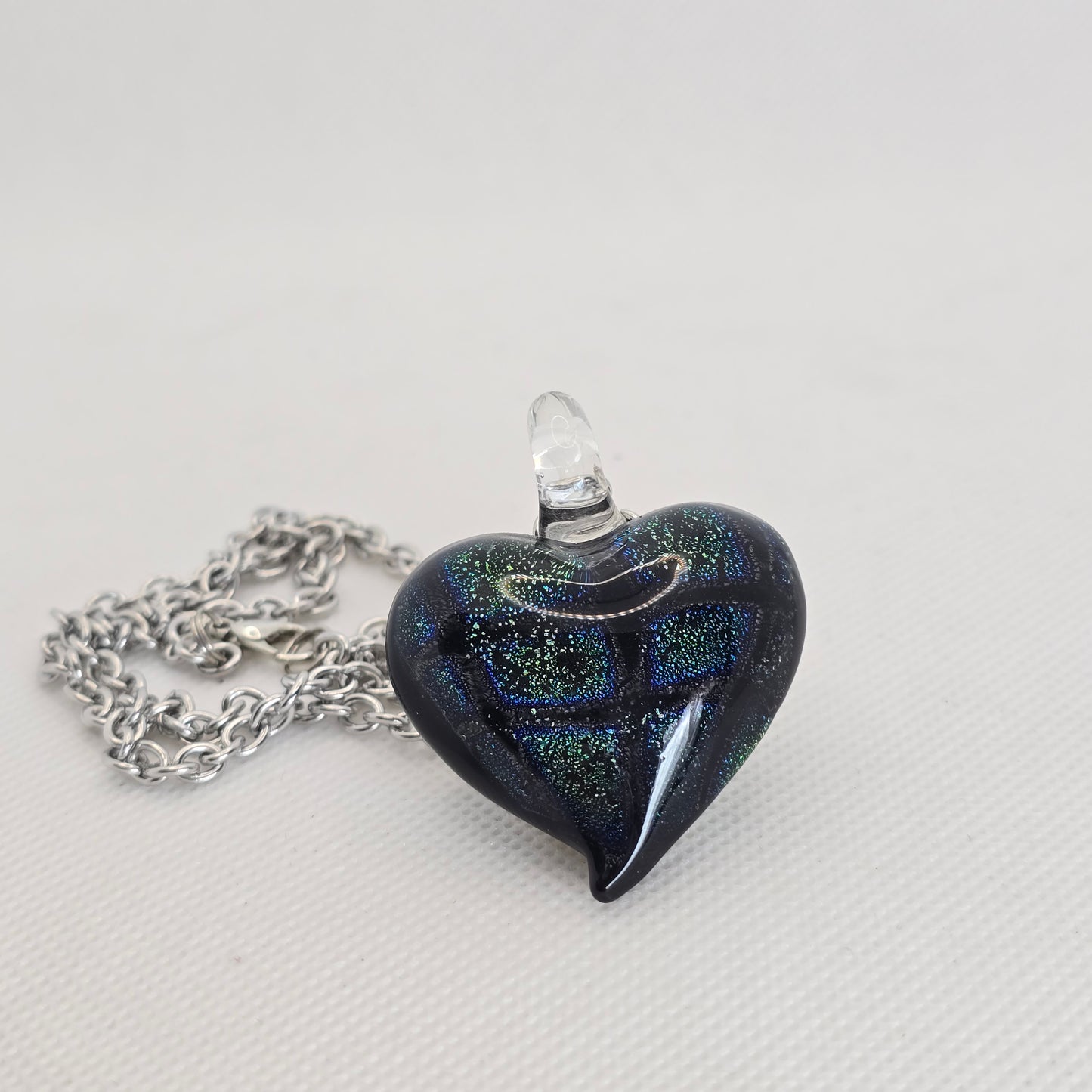 Dichroic glass pendant, heart-shaped