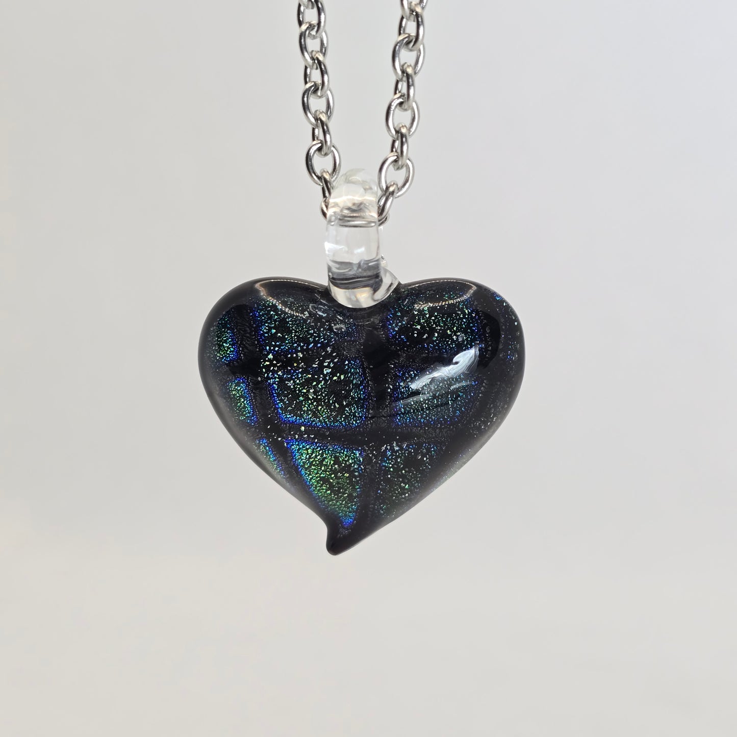 Dichroic glass pendant, heart-shaped