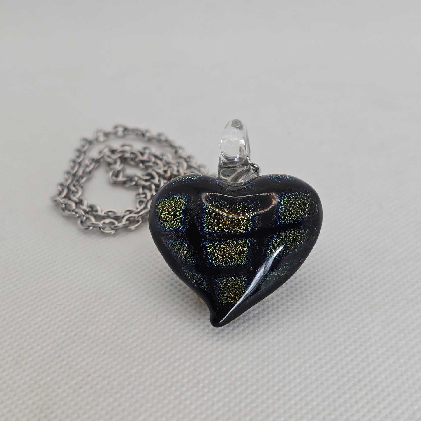 Dichroic glass pendant, heart-shaped