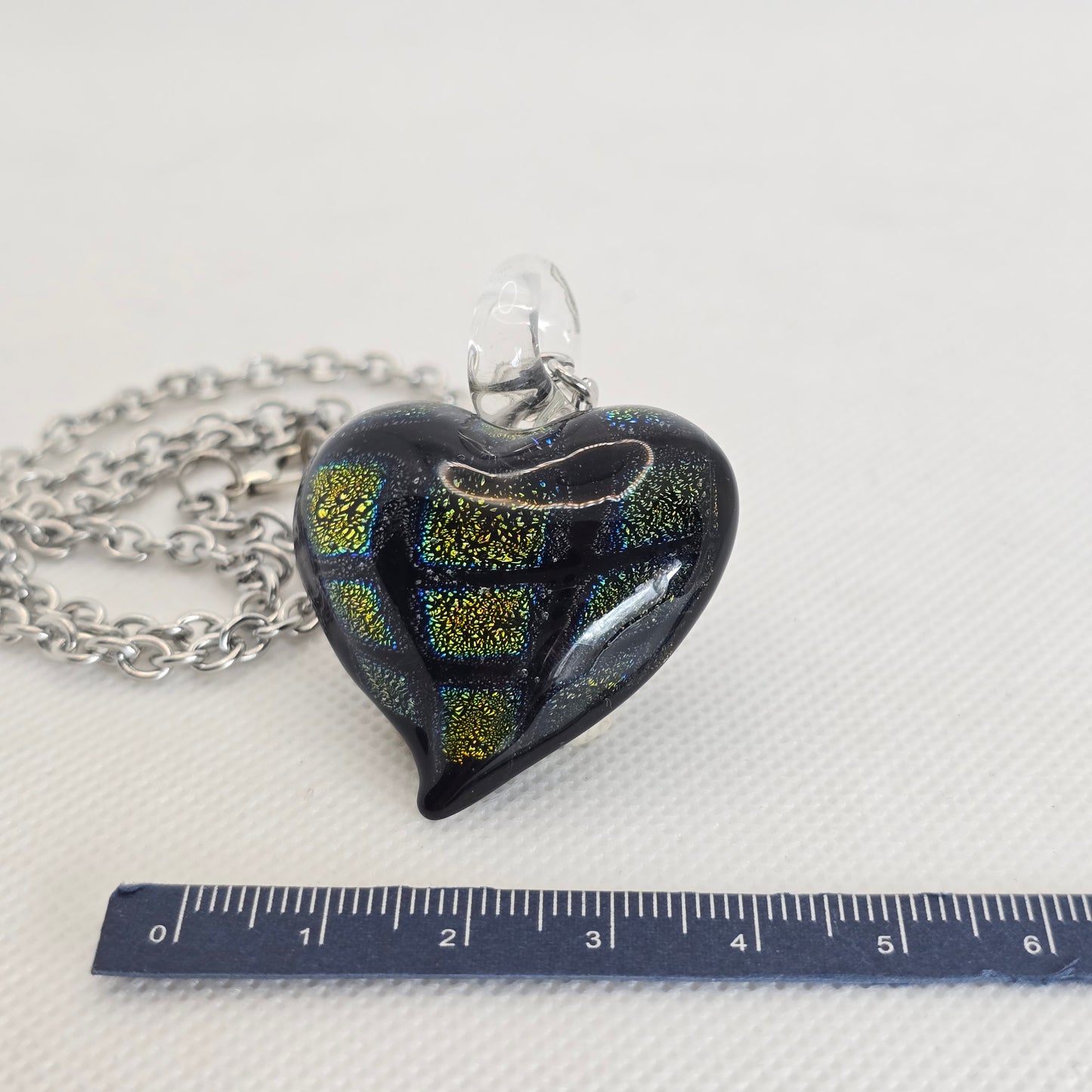 Dichroic glass pendant, heart-shaped
