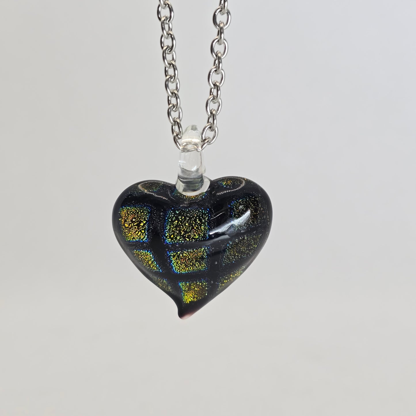 Dichroic glass pendant, heart-shaped