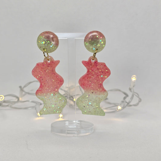 watermelon pink and green chunky sparkly dangle earrings
