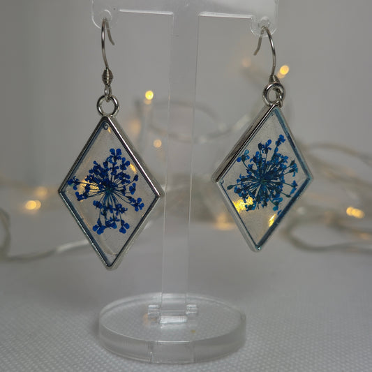Earrings - Acrylic resin, clear base with small blue flowers, diamond-shaped silver-look bezel, blue