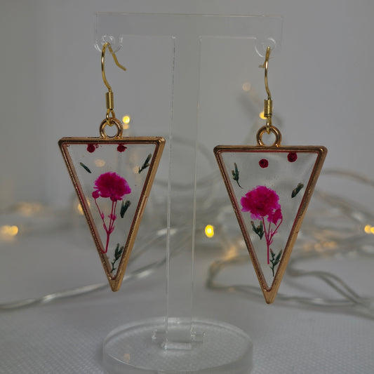 Earrings - Acrylic resin, showcasing a pink flower and delicate leaves, in a triangular frame