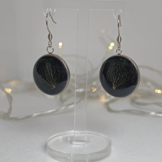 Earrings - Acrylic resin deep black resin base with a delicate hydrangea petal skeleton