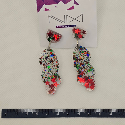 Earrings - Resin, sparkly red, gold, green dangles with metallic stars and glitter accents