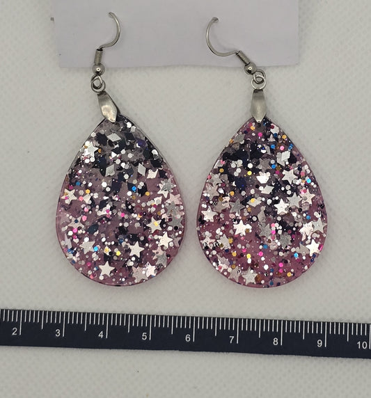 Earrings, resin - Pink and silver chunky glitter teardrops