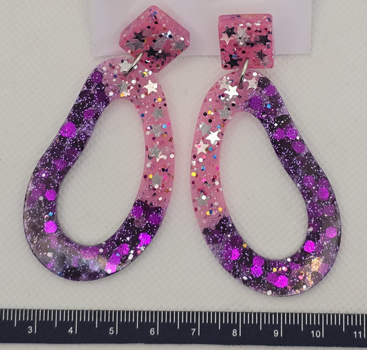 Earrings - Acrylic resin, sparkly pink and purple irregular oval shaped dangles