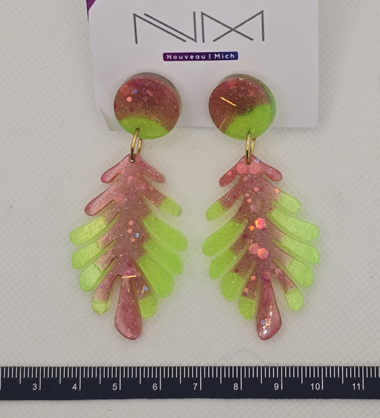 earrings, resin - monstera pink and green