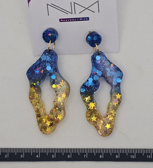 Earrings - Acrylic resin earrings, sparkly glitter blue and gold irregular shaped dangles