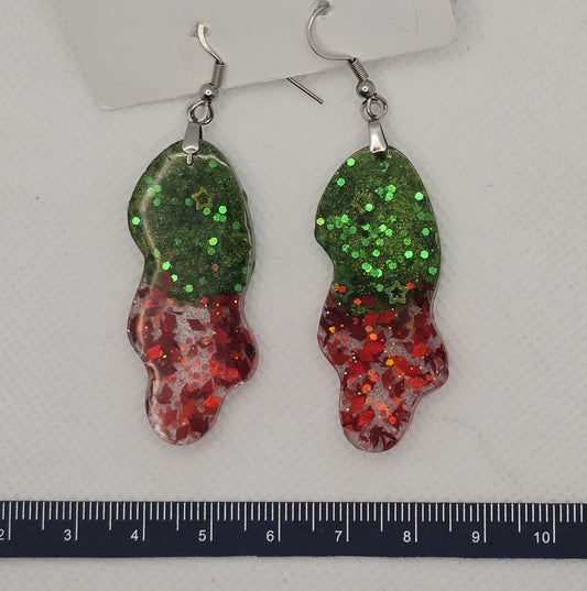 Earrings, resin- red & green glitter