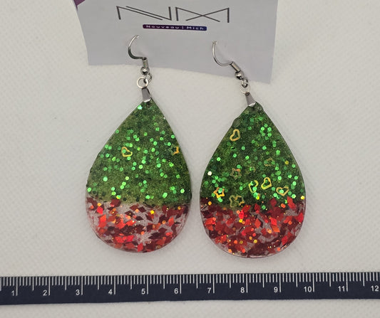 Earrings, resin - glitter red and green dangle