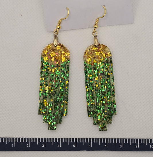 Earrings, resin - green and gold dangle