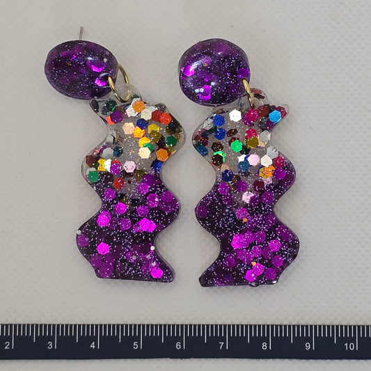 Statement earrings in purple and multi-colour chunky glitter