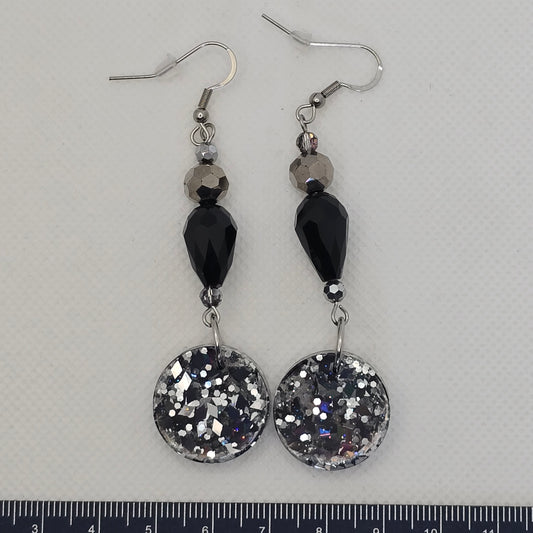 Silver glitter statement dangle earrings with glass bead enhancements