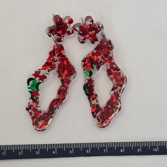 Festive red and green statement dangle resin earrings