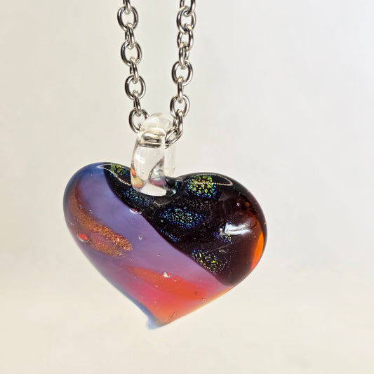 Dichroic glass pendant, heart-shaped