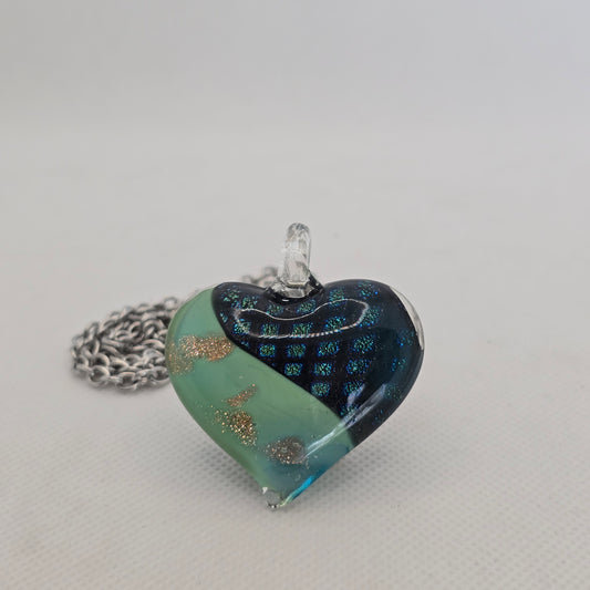 Dichroic glass pendant, heart-shaped