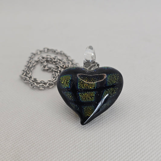 Dichroic glass pendant, heart-shaped