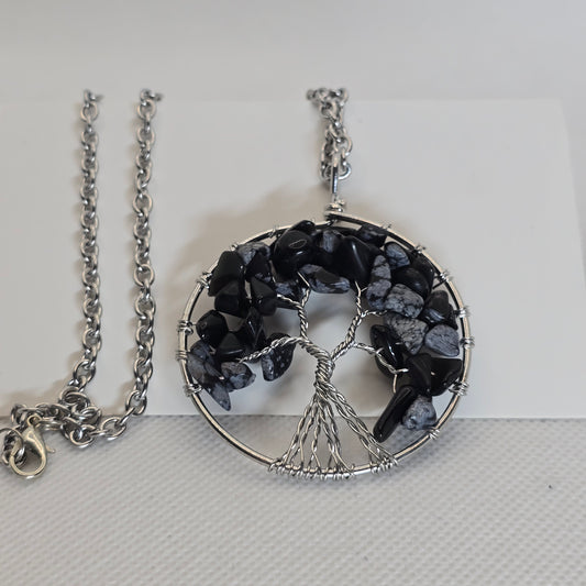Tree of Life pendant necklace -  Smoky Quartz & Obsidian